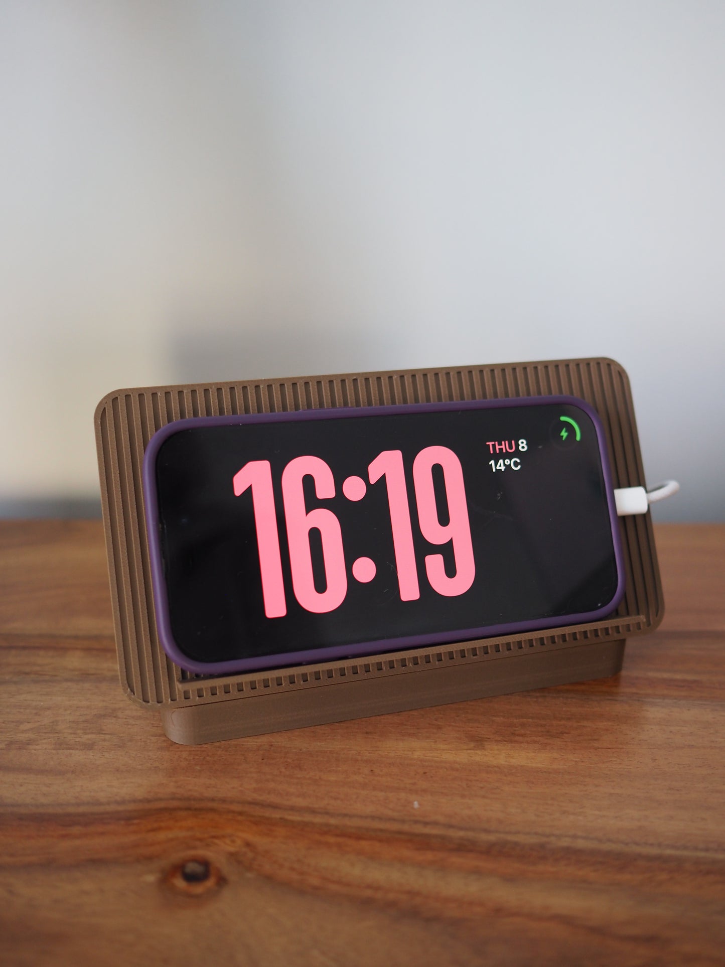 Brown Universal Phone Stand with Alarm Clock Display